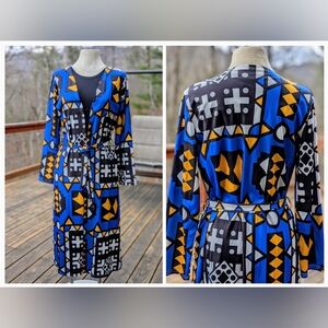Geometric Print Open Front Robe With Pockets